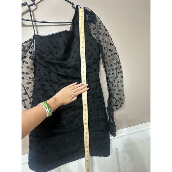 NWOT Hello Molly Meet Me At The Bar Ruched Sheer Dotted Sleeve Black Mini Dress - Picture 11 of 14